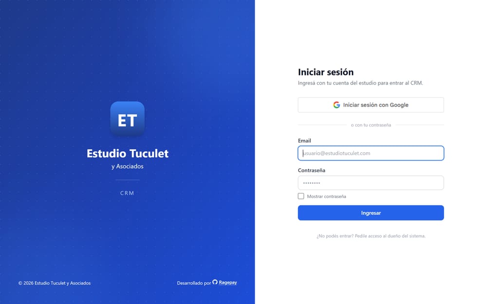 Sistema de gestión de Estudio Tuculet — pantalla de acceso