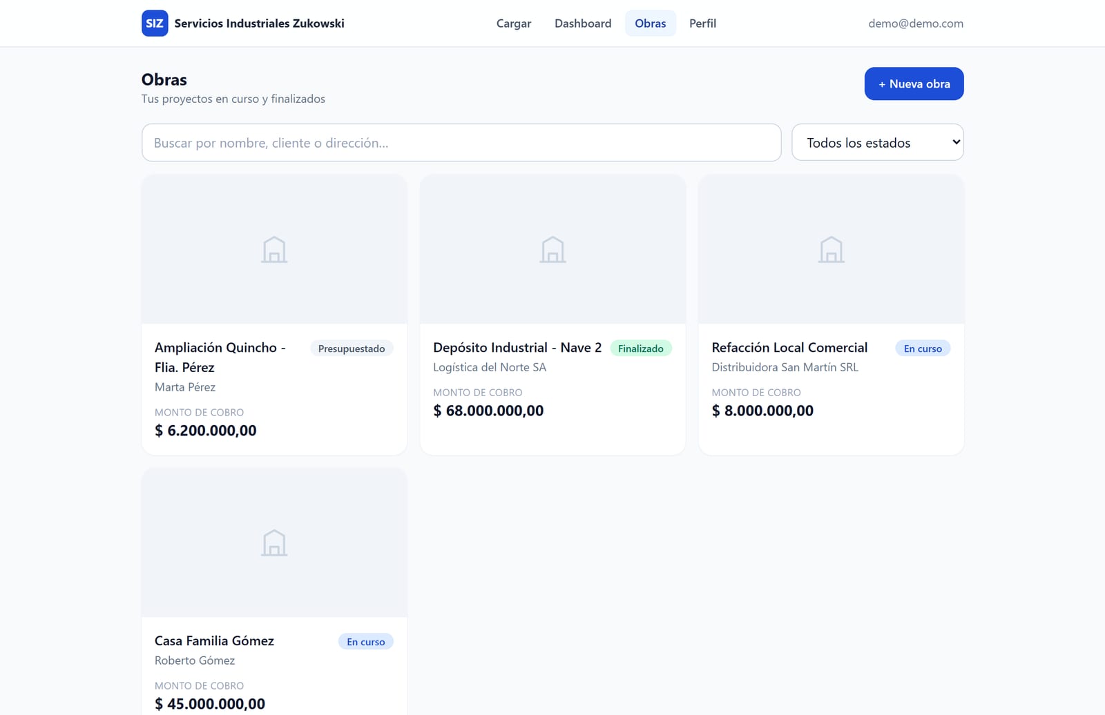 Listado de obras de la app de gestión Zukowski